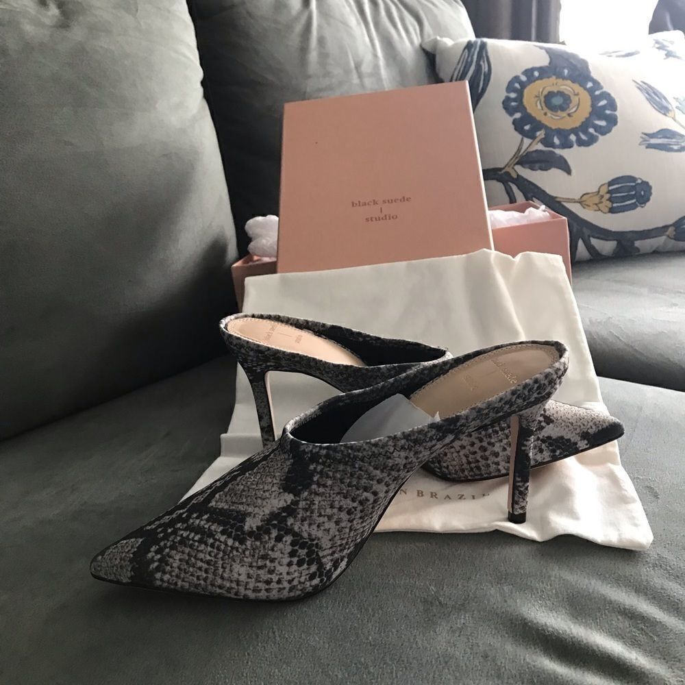 Black Suede Studio stiletto heel mules NIB snake embossed size 7 gorpcore - Picture 7 of 9